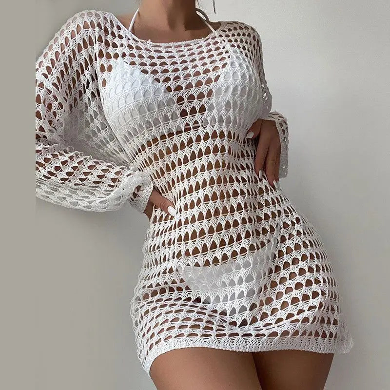 Summer Woman Knitted Long Style T-Shirts Solid Hollow Out Sunscreen Sexy Vacation Blouse Swimsuit Mesh Cover-up Beachwear Tops