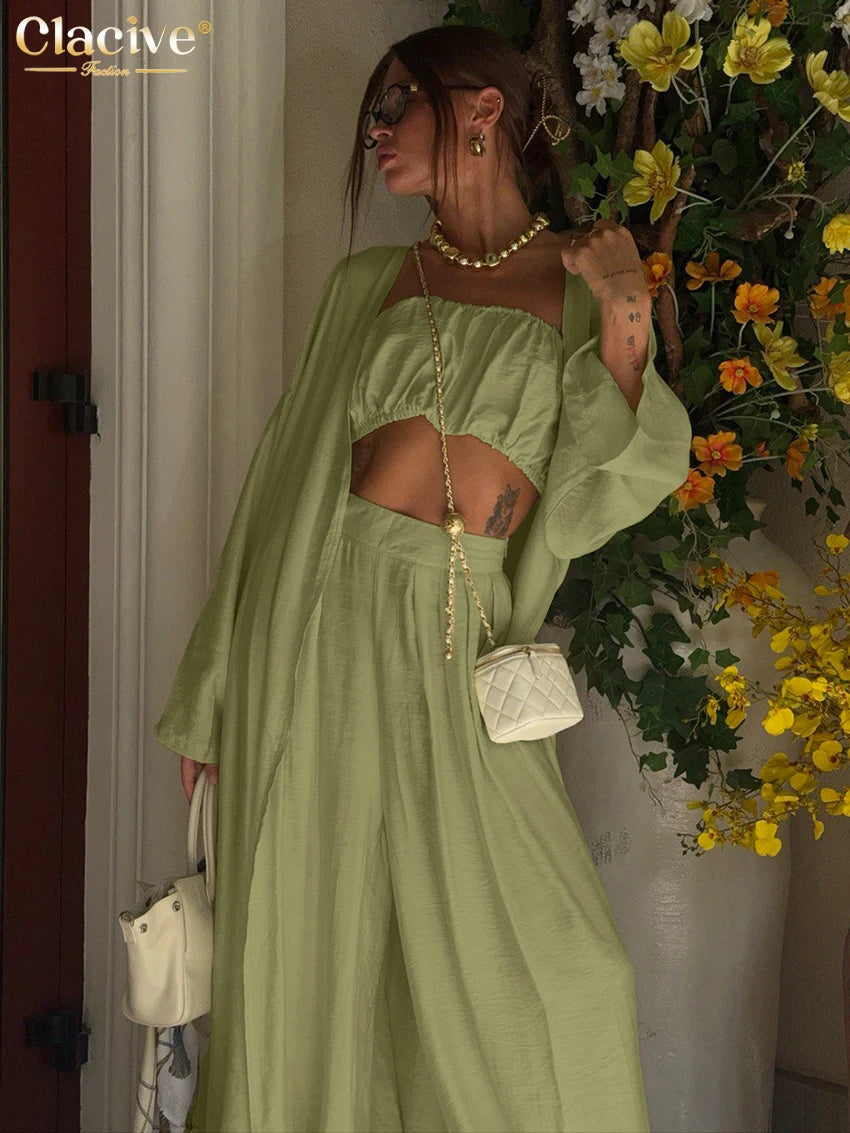 Clacive Fashion Loose Green 3 Pieces Set For Woman 2025 Sexy Long Sleeve Robes + Tube Top With High Waist Wide Pants Set Female