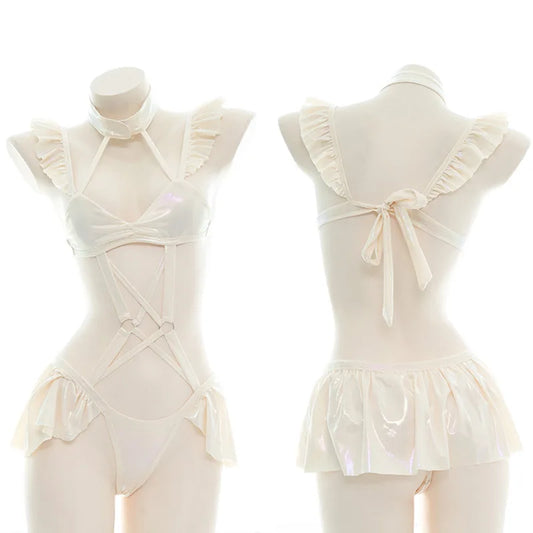 Anime Laser Hollow Out Lace One-piece Swimsuit Sweet Girl Underwear Sexy Nightwear Bikini Set Backless Outfits Costume Cosplay