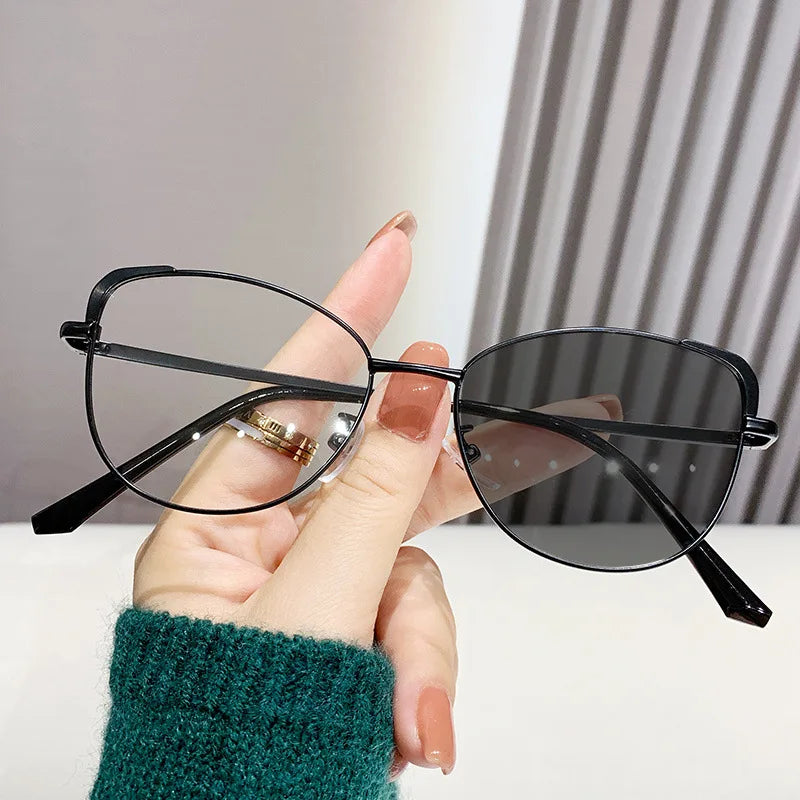 korean Fashion Cat Eye Photochromism Glasses Frame Women INS No Makeup Anti-Blue Plain Glasses Men Decorative Computer Glasses
