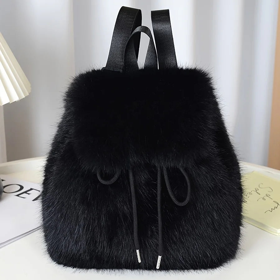 Women's Plush Faux Fur Backpack with Adjustable Drawstring Closure Daypack for Casual Formal Use Mini Backpack Soft Texture Bag