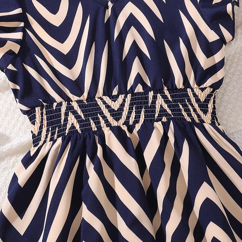 Girls Sleeveless Striped Navy Blue Dress Shirred-Waist Aline Dress Summer Tween Girls Dress Daily Casual Activity Baptism Dress