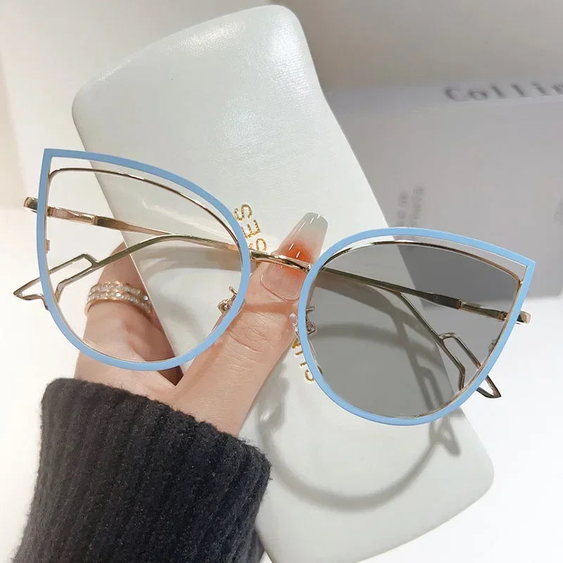 Color Changing Blue Light Blocking Glasses Women Men Stylish Photochromic Glasses Ladies Cat Eye Optical Spectacle Eyeglasses