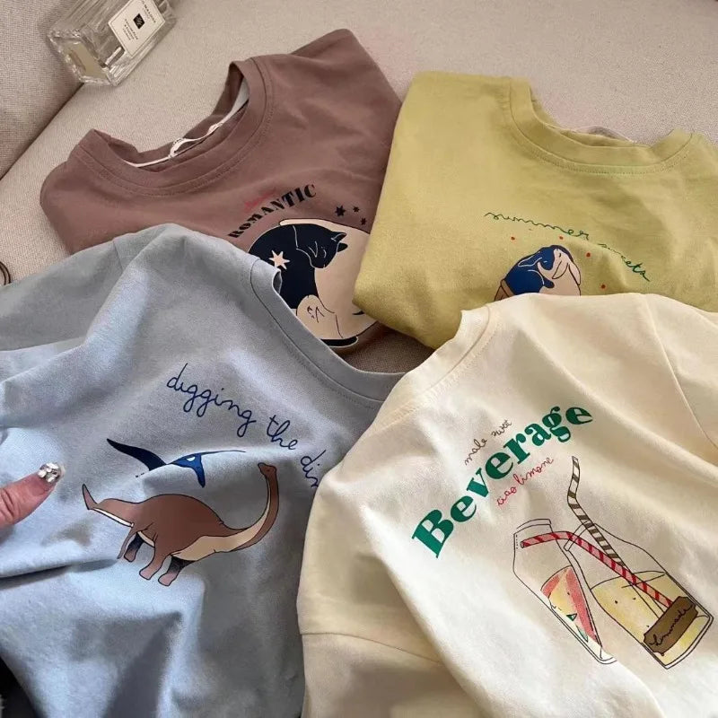 Children's Cotton Short Sleeve Top Cartoon Printed Half Sleeve Summer New Style For Middle Small Kids Kidswear T-shirt