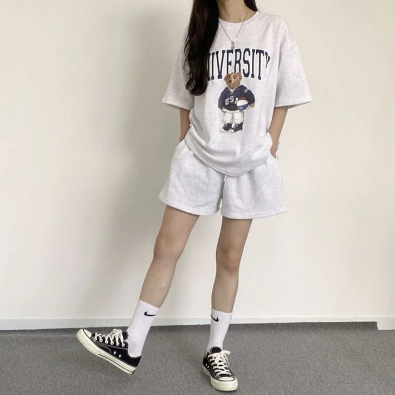 Summer Cotton Bear Print Short Sets 2025 New Casual Loose Two Pieces Short Sleeve T Shirt and High Waist Short Pants Suits Women