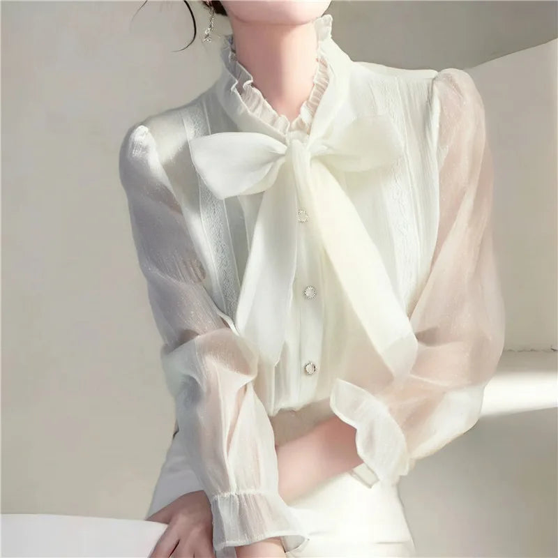 Chiffon Women Shirts Summer 2023 Solid Long Sleeve Fashion Y2k Blouses Loose Korean Top Bow New Casual Blusa