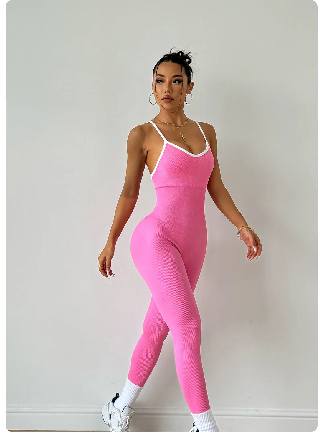 High Support Fitness Leotard for Women Color Block Cross Strap Yoga Jumpsuit, Moisture Wicking Ribbed Texture Slim Fit Gym Wor
