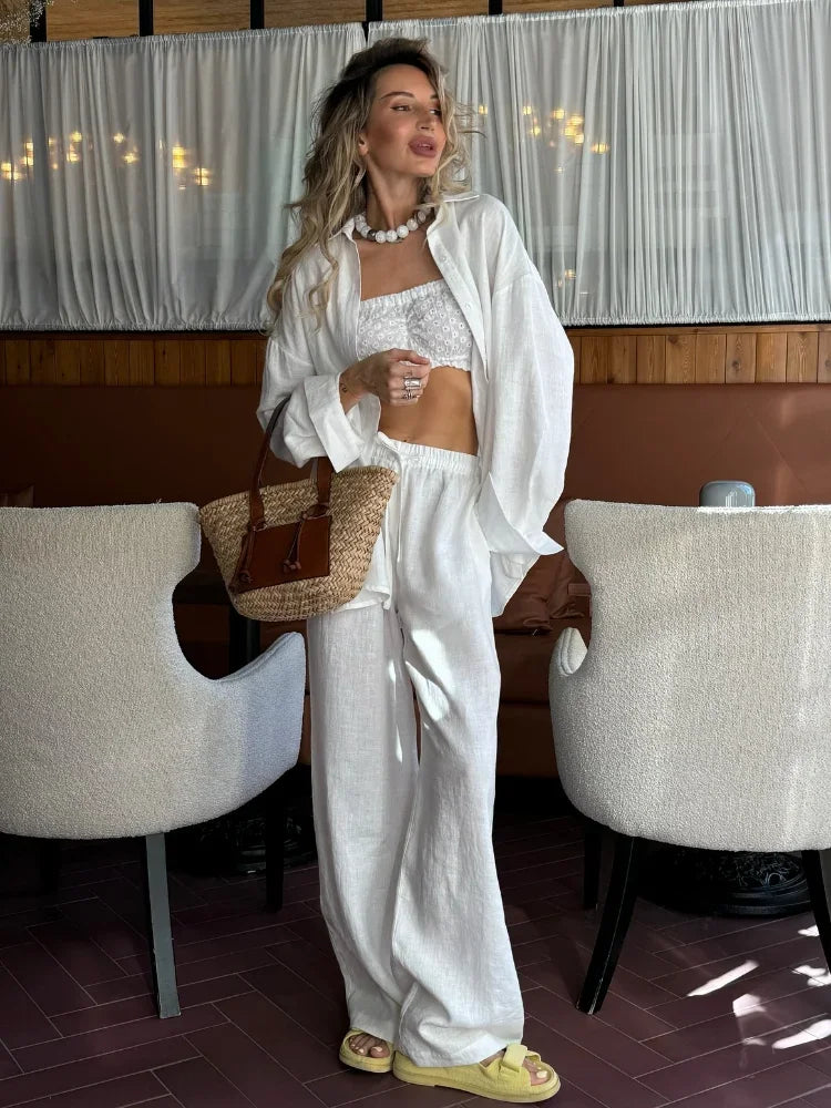 New Solid Casual Cotton Linen Shirt Sets Chic Button Down Blouse Drawstring Wide Leg Trousers Suit Women's Summer Vacation Wear