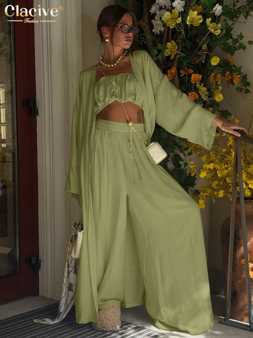 Clacive Fashion Loose Green 3 Pieces Set For Woman 2025 Sexy Long Sleeve Robes + Tube Top With High Waist Wide Pants Set Female