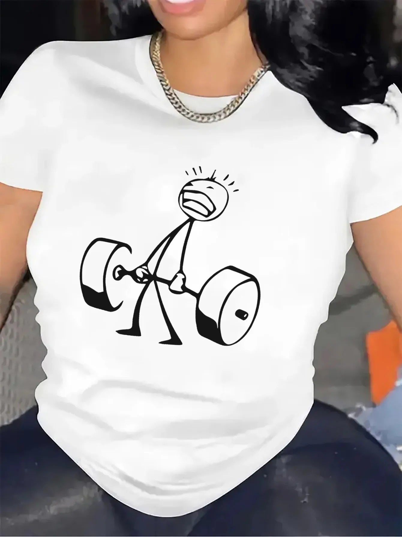 T-Shirt - White Graphic Print Tee with Dumbbell Design for Gym & Casual Wear Summer Short Sleeved Harajuku Streetwear Tops Tees