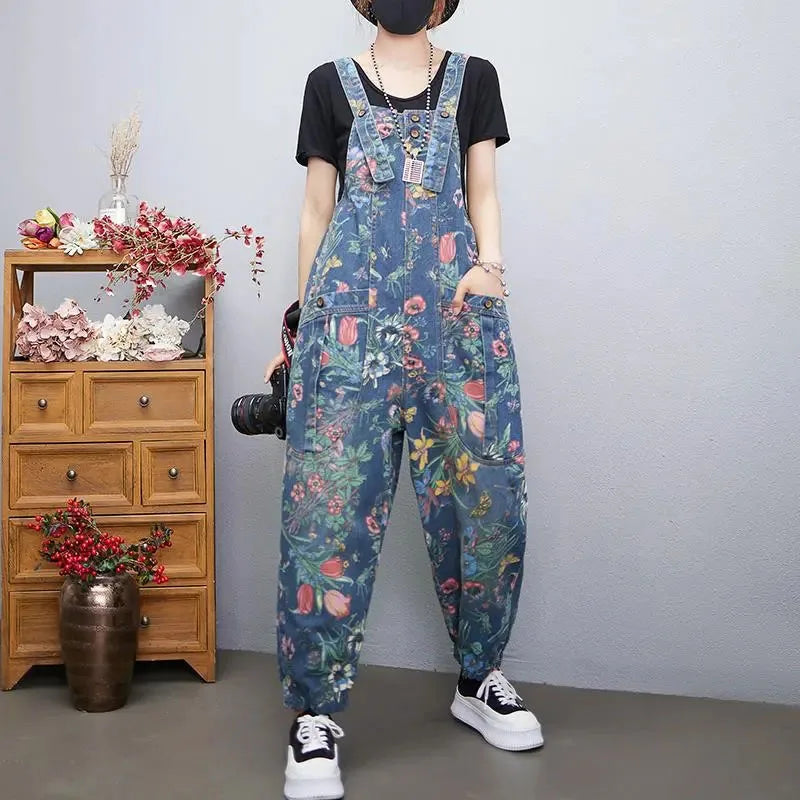 New Printed Denim Overalls Women's Spring Autumn Loose Plus Size Casual Suspender Rompers Fashion Female Jumpsuit Lantern Jeans