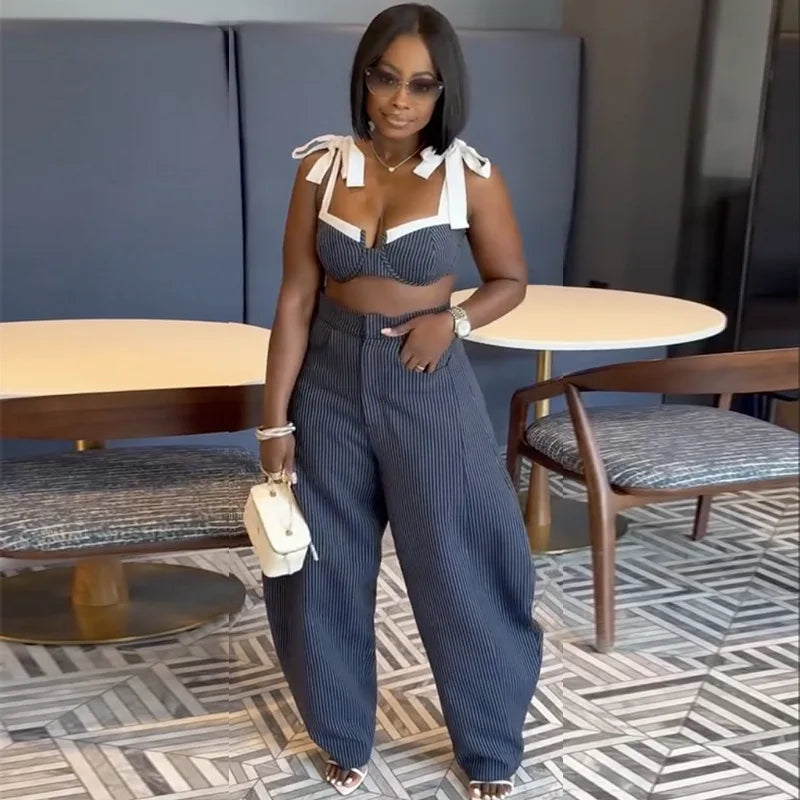 Elegant Women's Sets Striped Patchwork Straps Bow Crop Top and Wide Leg Pants 2026 New Party Vacation 2 Piece Matching Outfits