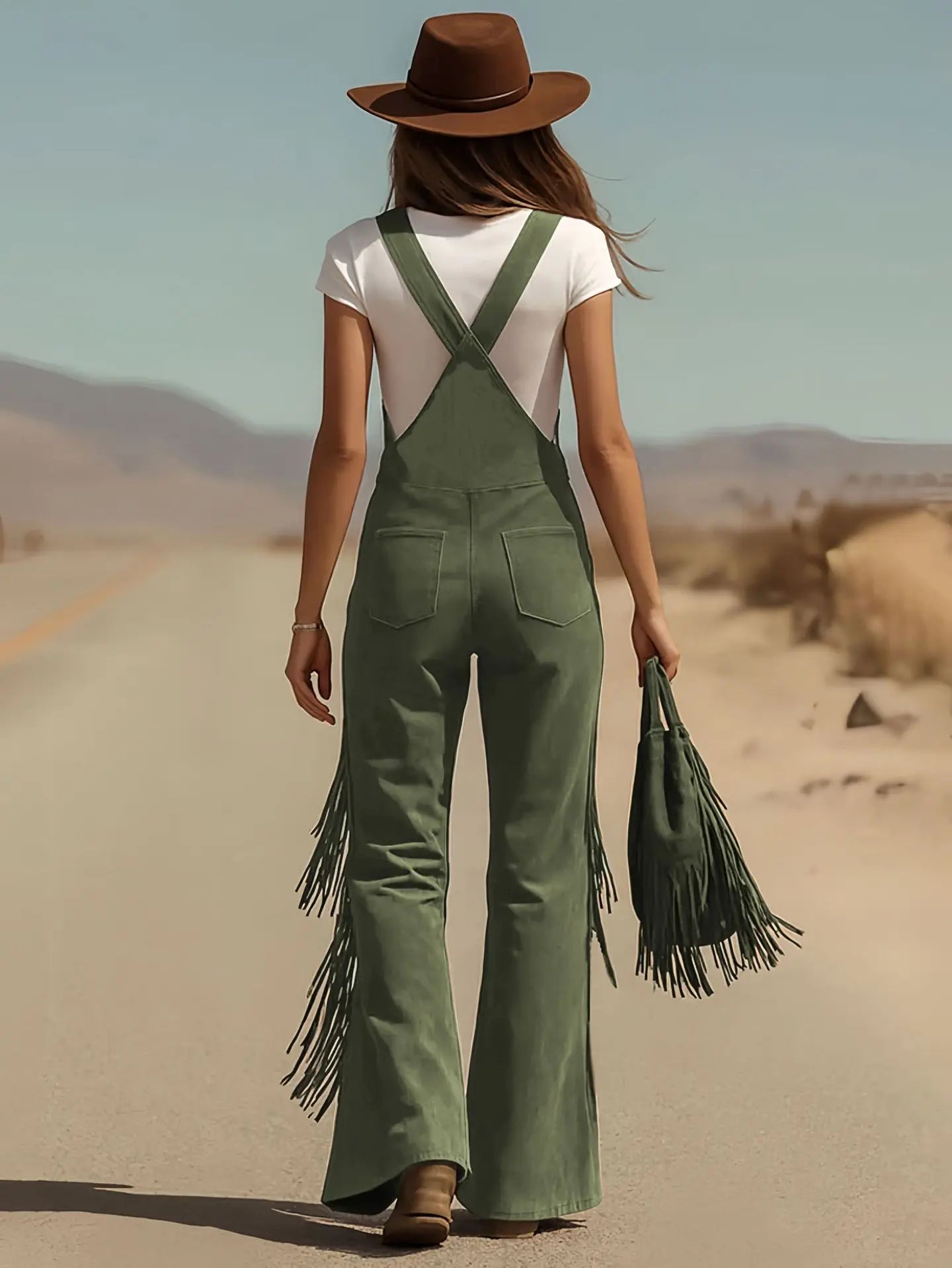 Women Chamois Straps Jumpsuit Spring Tassel Wide Leg Pants Romper Dungaree Bib Overalls Casual Loose Sleeveless Street Jumpsuits