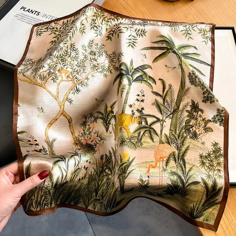 New 100% Real Silk Scarf For Woman Vintage Leopard Head Hair Scarfs Small Square Bandana Femme Office Neckerchief SD0201