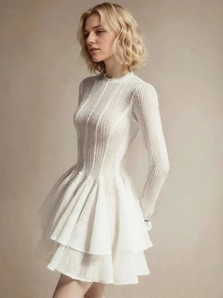 DEAT Fashion Women's Dress Round Neck Long Sleeve Hollow Out Zipper Breathable Slim Short Dresses Spring 2025 New Tide 7AB6845