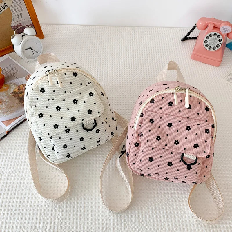 Cute Small Flowers Corduroy Mini Backpack Women's Lightweight Backpacks Large Capacity Travel Rucksack Student School Baskpack
