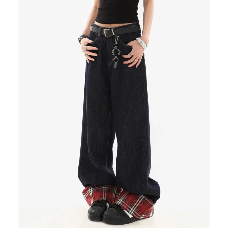 American Blue Vintage High Waist Pants Women's Casual Baggy Y2K Straight Jeans Wide Leg Grunge Street Pockets Denim Trouser