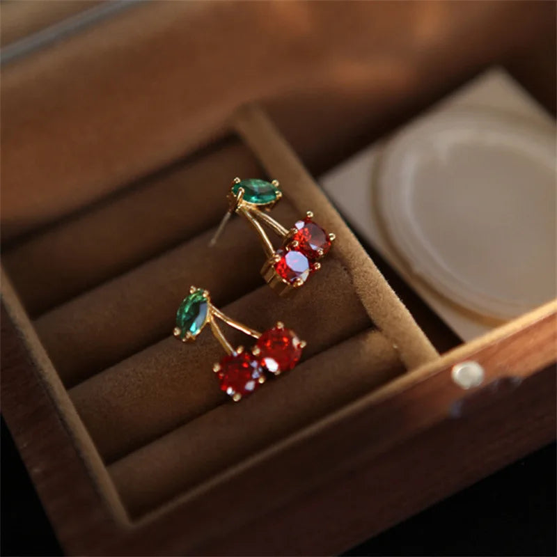 LATS Red Zircon Cherry Leaf Stud Earrings for Women Fashion Crystal Dangle Party Prom Birthday Wedding Gifts Jewelry Accessories