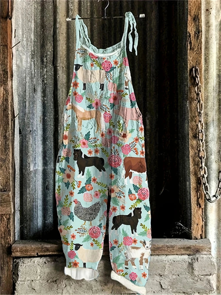 2025 Hot Women's Summer Fashion One-piece Suspender Pants Simple Comfortable Home Wide-leg Pants 3D Rooster Printed Work Pants