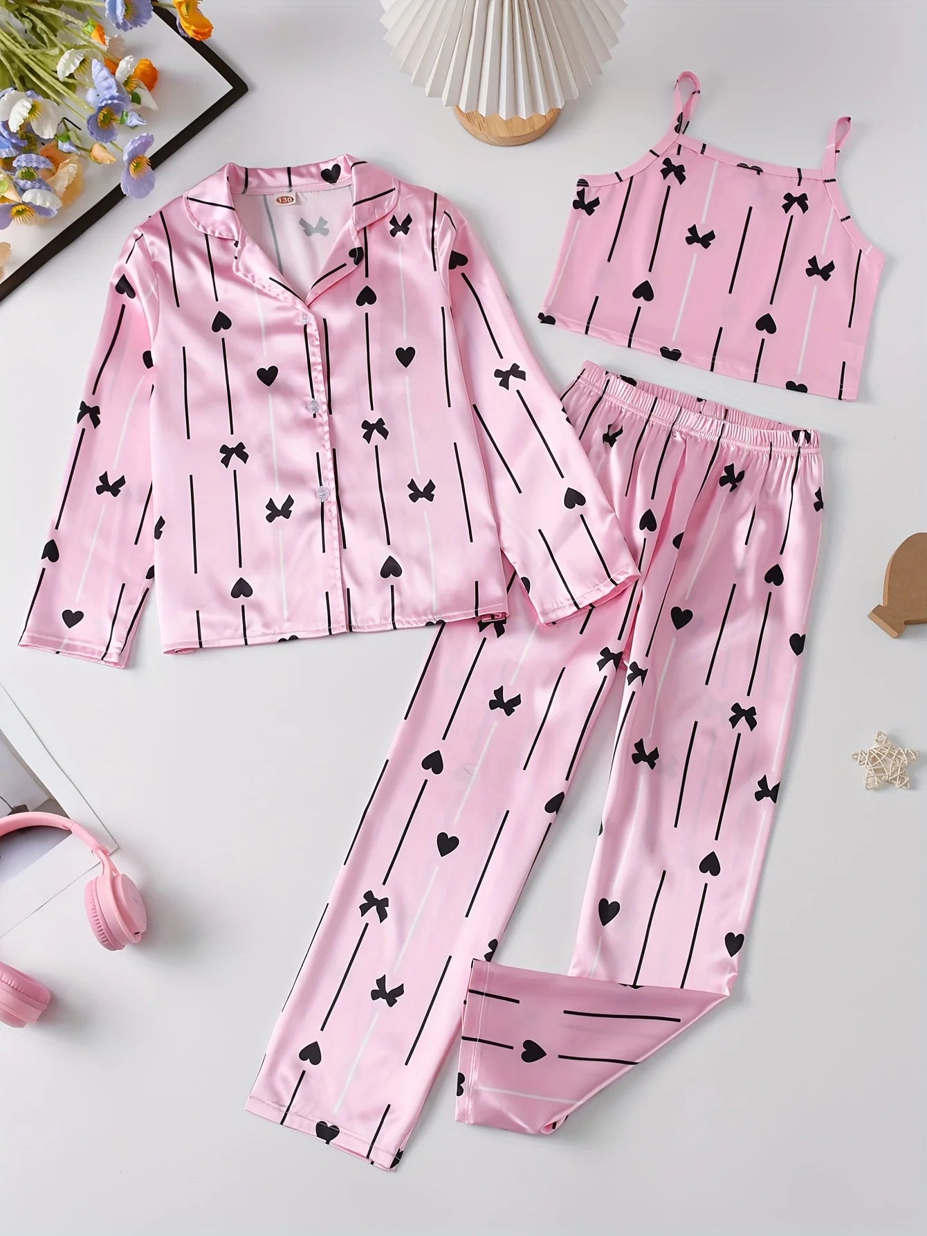 3-Piece Girls Striped Print Satin Pajama Set - Soft, Breathable Loungewear with Button Up Lapel Collar Blouse, Cami Top, Pants