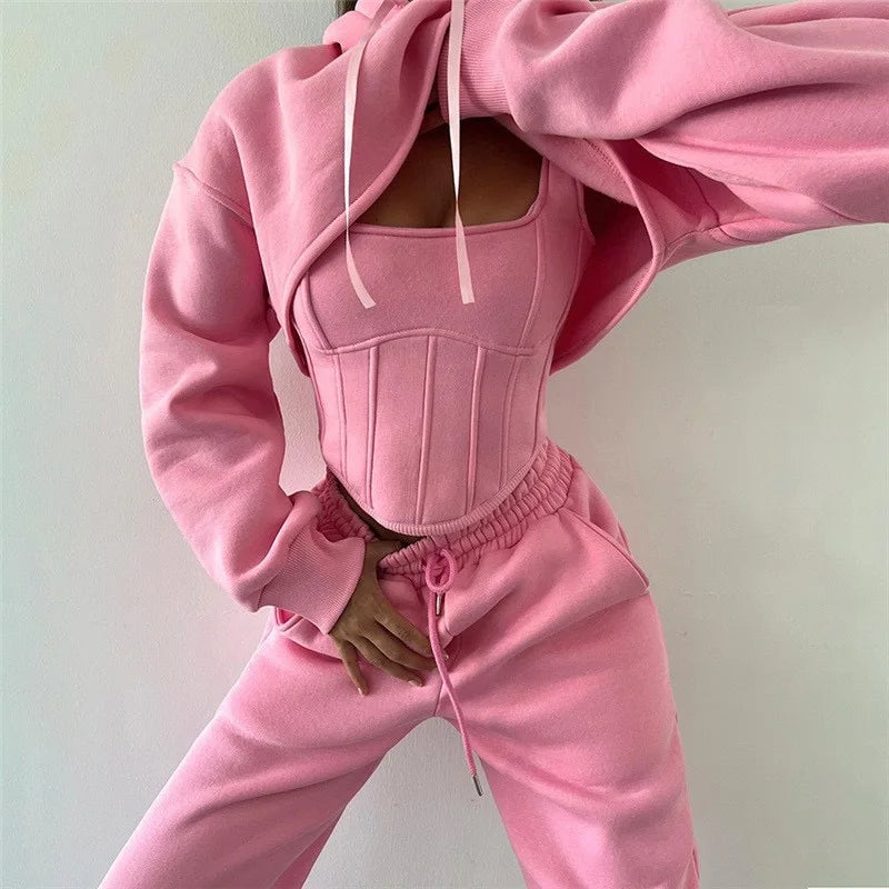 Women's Casual Sweatpants Set Belted Hooded Short Hoodie Corset Three-Piece Autumn Winter Comfortable Polyester plus Size