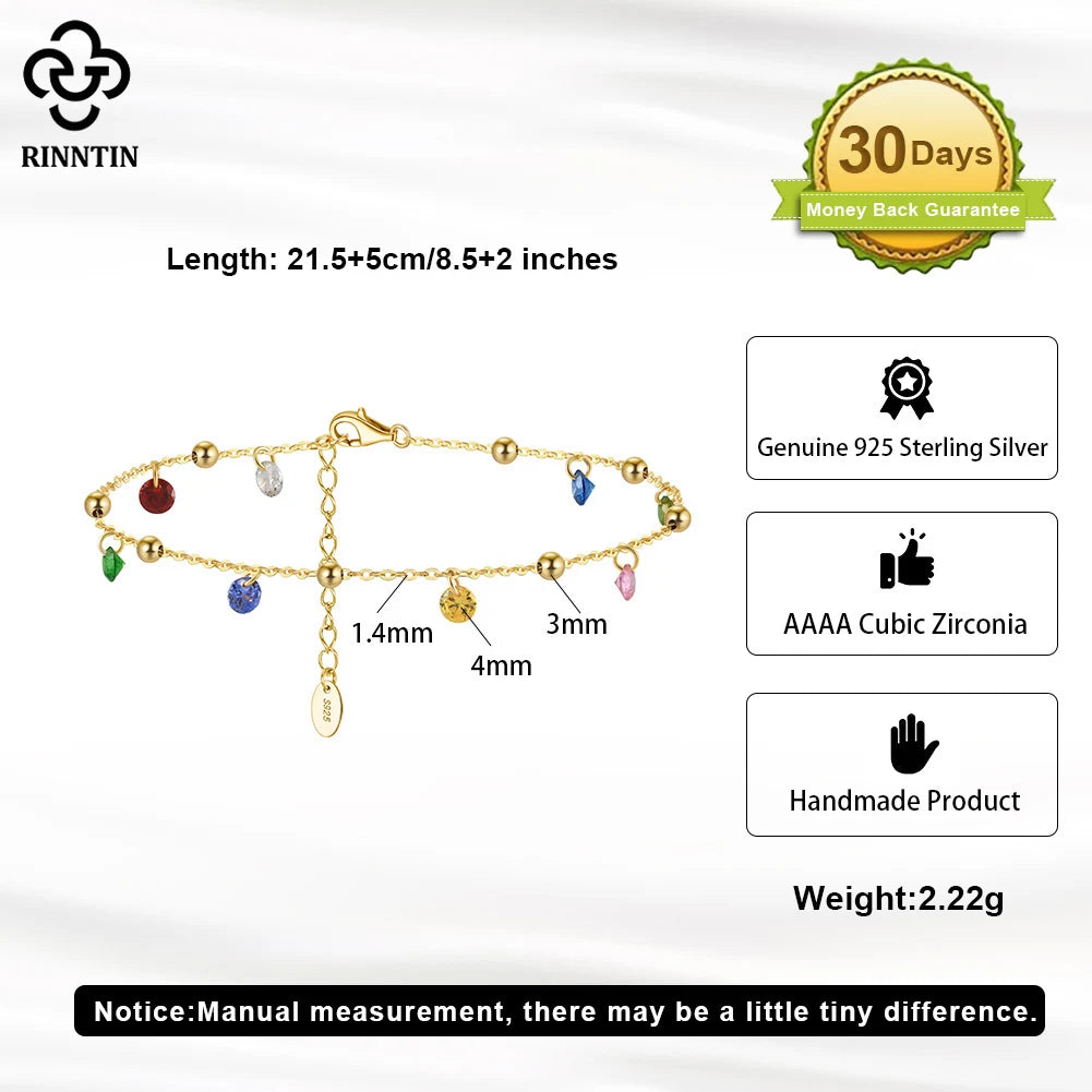 Rinntin Genuine 925 Sterling Silver Chain Anklets with Colorful Cubic Zirconia for Women Fashion Ankle Bracelets Jewelry SA93