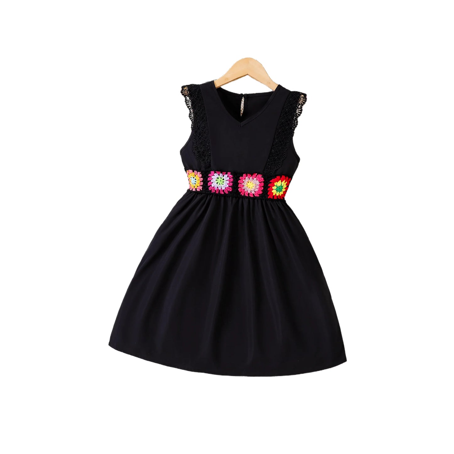 Girls' summer fashion dress: black lace splicing, colorful flower belt, elegant V-neck design