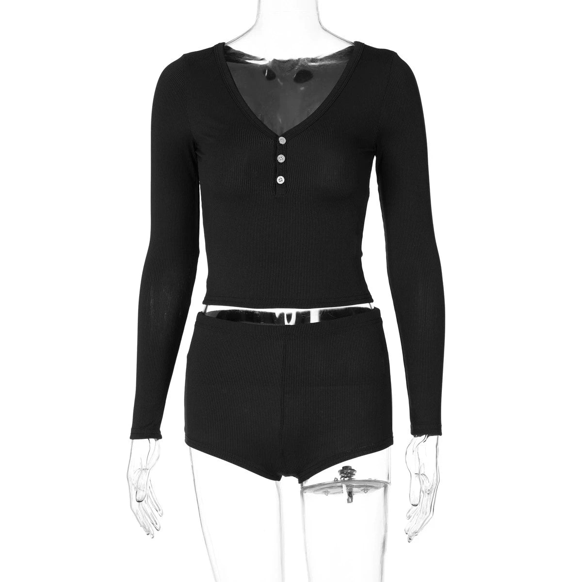 Absobe Three Buttons Crop Top Shorts Leisure Suit Women V-neck Long Sleeve T-shirt Short Pants Solid Slim Outfit Streetwear