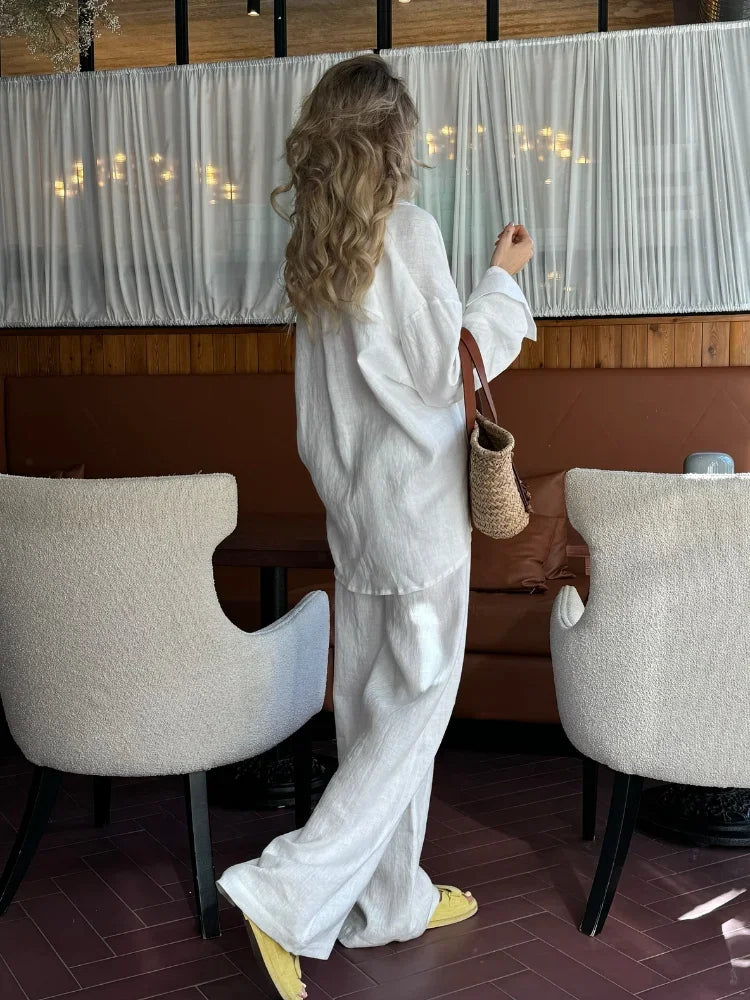New Solid Casual Cotton Linen Shirt Sets Chic Button Down Blouse Drawstring Wide Leg Trousers Suit Women's Summer Vacation Wear