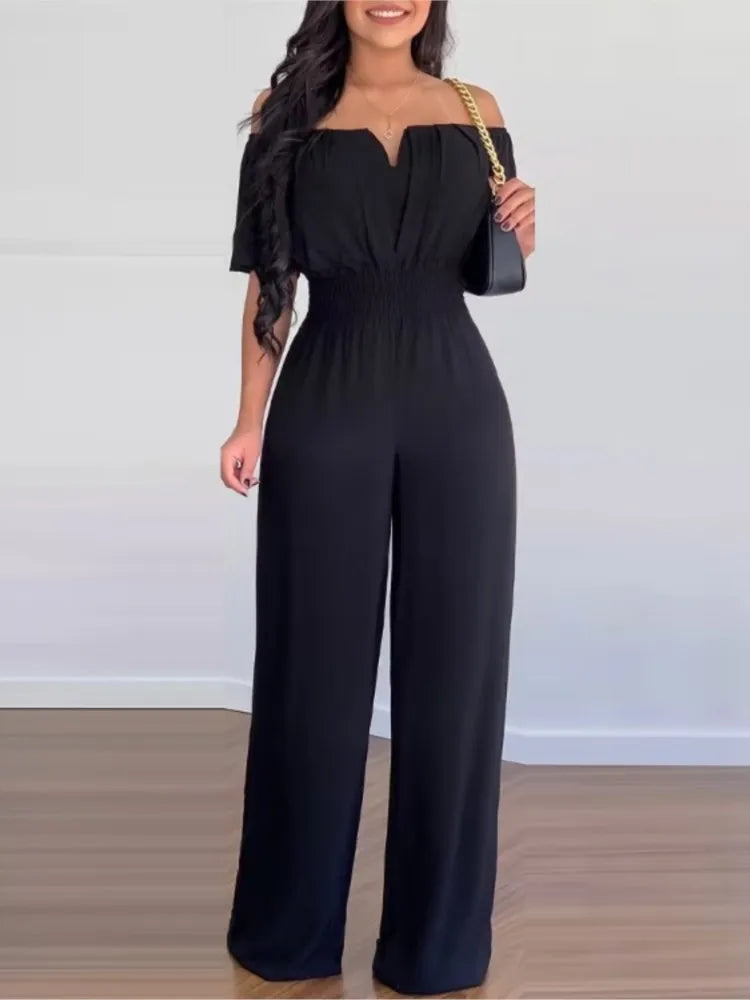 Lady Print High Waist Jumpsuit Sexy Off Shoulder Short Sleeve Wide Leg Pants Jumpsuits Women Fashion Casual Summer Women Clothes