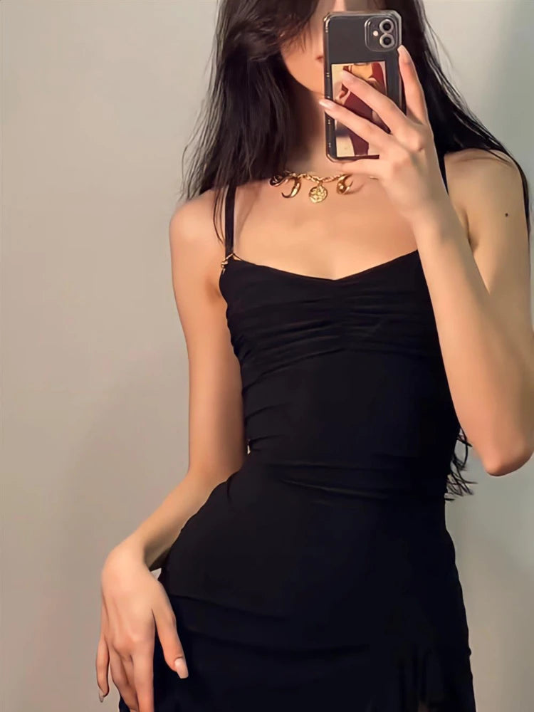 Black Dress Women Mini Elegant Bodycon Backless Hotsweet Summer Party Streetwear Female American Style Vintage Casual Sundress