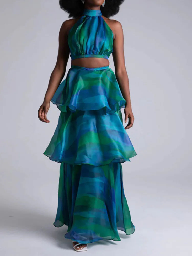 Sleeveless Fashion New Loungewear Skirt Set, Summer Women Hollow Sexy Patchwork Party Suit, Print Stand Collar Elegant 2pc Sets