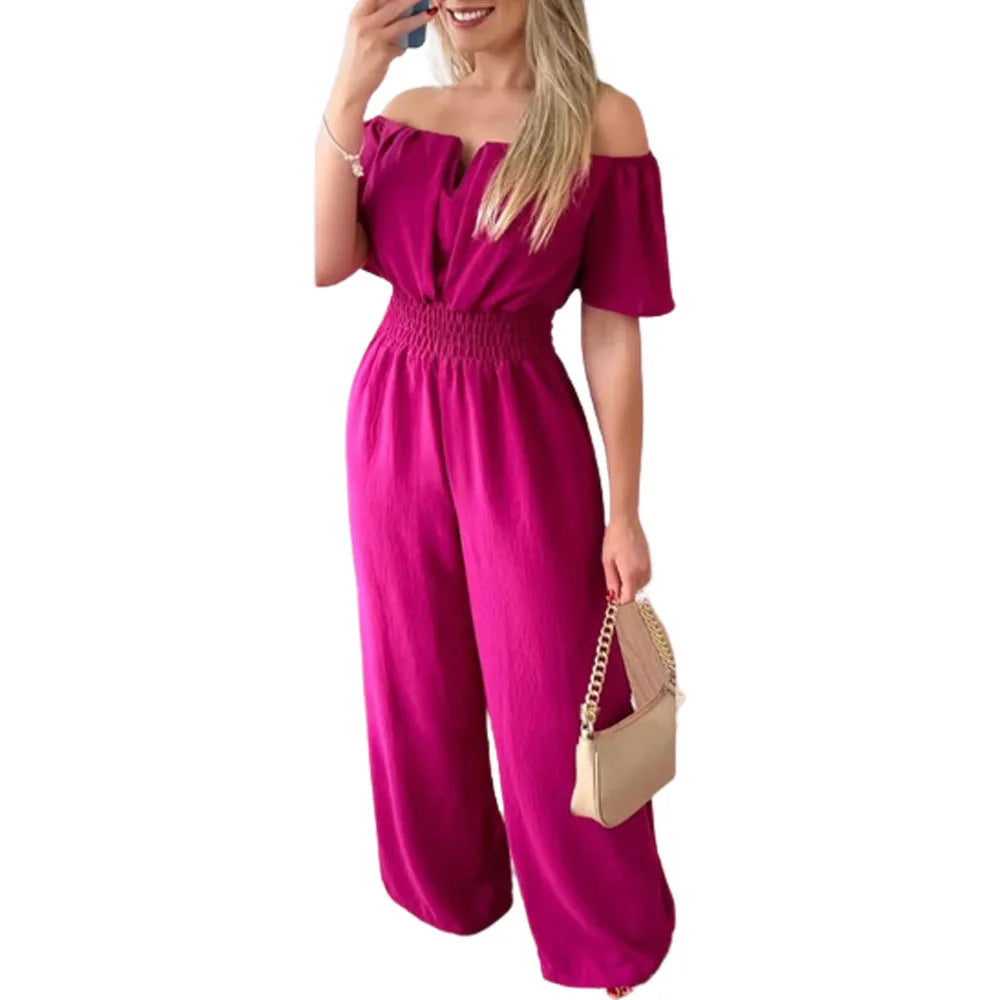Lady Print High Waist Jumpsuit Sexy Off Shoulder Short Sleeve Wide Leg Pants Jumpsuits Women Fashion Casual Summer Women Clothes