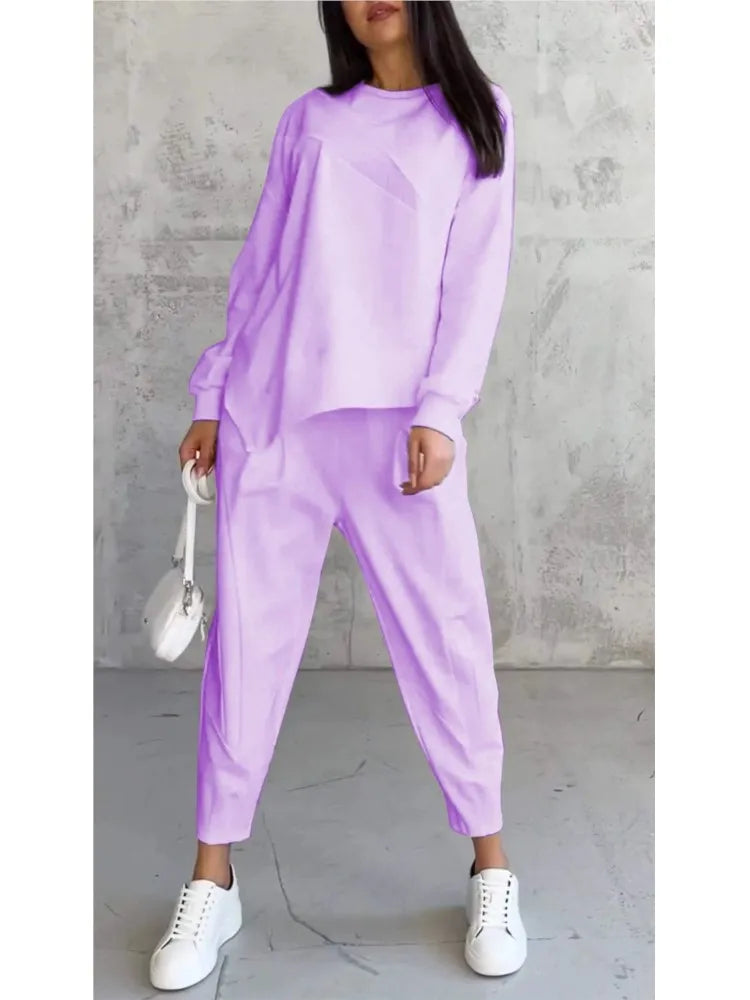 Women Casual Solid Set Fashion O Neck Long Sleeve Loose Top And Long Pants Two Piece Sets Lady Spring And Autumn Sports Sets