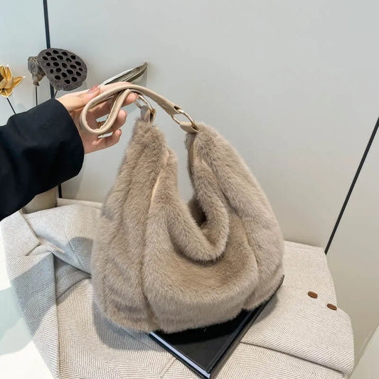 Winter Cotton Fabric Zipper Soft Shoulder Bags Large Capacity Versatile Handbags 2025 High Quality Furry Sweet Women's Bags