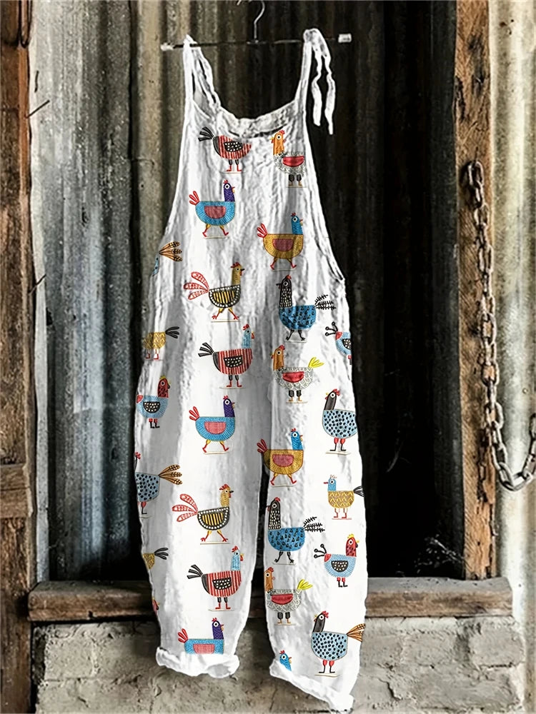 2025 Hot Women's Summer Fashion One-piece Suspender Pants Simple Comfortable Home Wide-leg Pants 3D Rooster Printed Work Pants