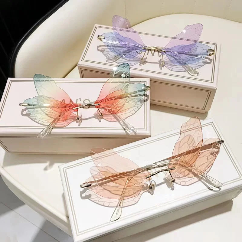 Vintage Dragonfly Wings Sunglasses Fashion Rimless Women Clear Lens Eyewear Men Pink Sun Glasses UV400 Eyewear Female
