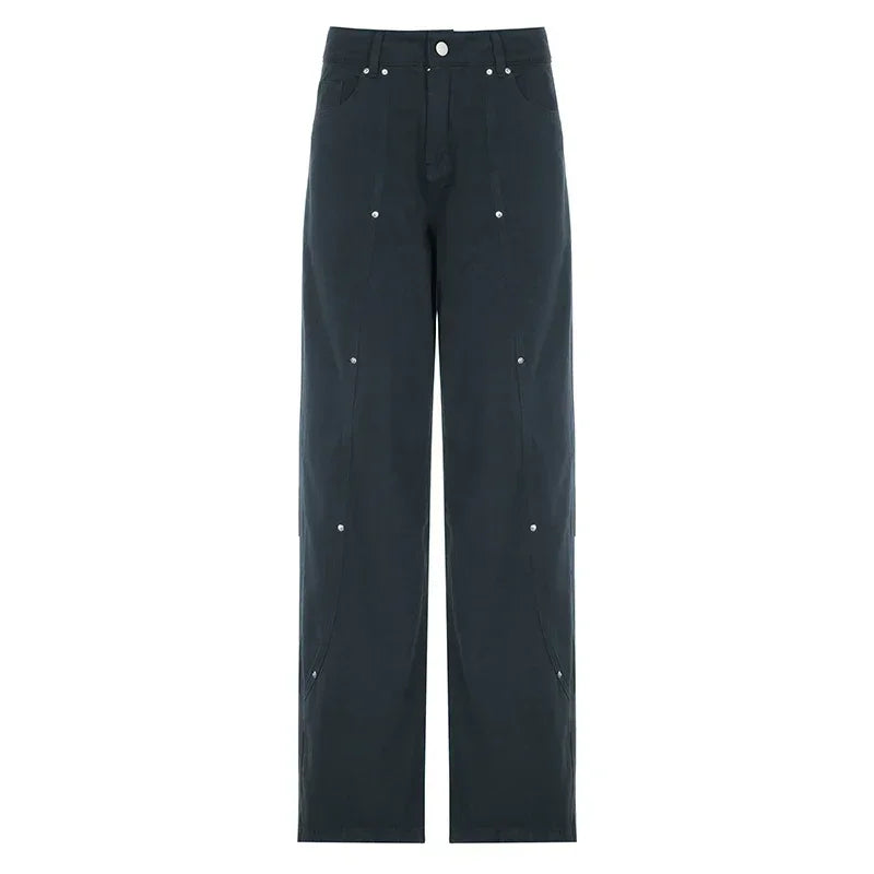 Korean Women Patchwork Baggy Jeans High Street Y2K Casual Grunge Cargo Pants Fashion Chic Rivet Detail Sweatpants 90s