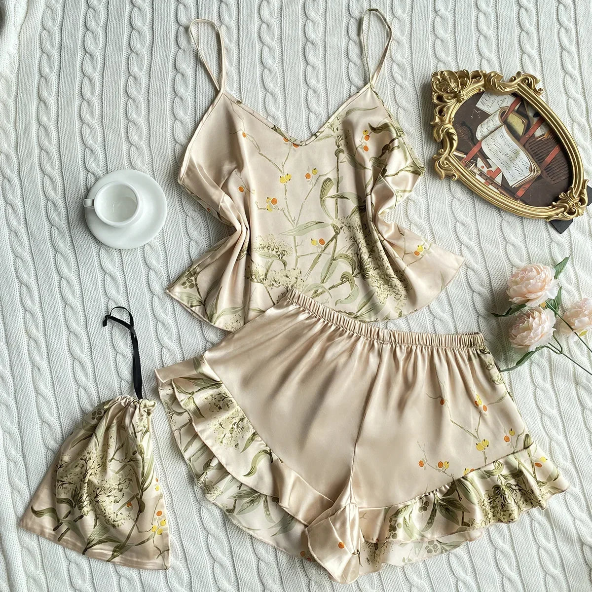 3 Pcs Summer Women Dress Silk Pajamas Fashion Print Suspenders and Shorts With Hanging Bag Home Wear Set Sexy
