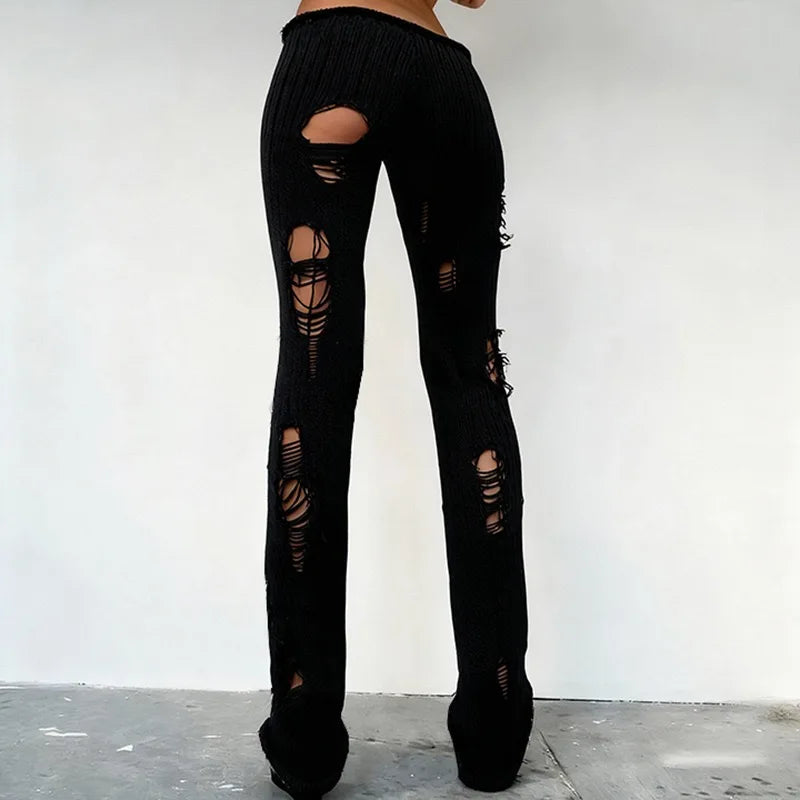Punk Sle Bell Bot Pants Knitted Wool Slim Fit Hole Design Sexy Girl Streetwear Long Trousers Low Waist for Women And Girls