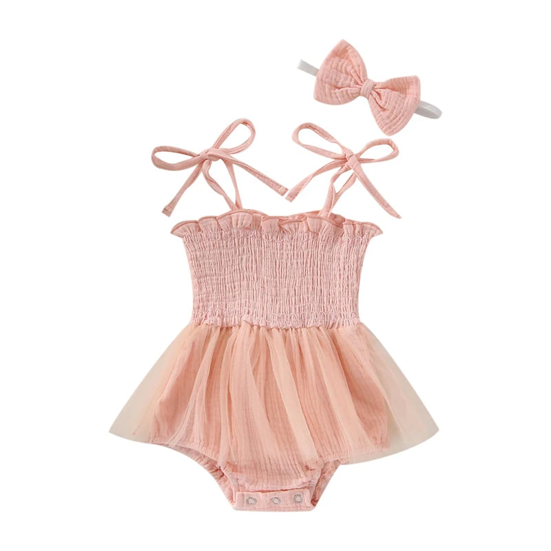 Summer Baby Romper Set Cotton Sleeveless Toddler Princess Tulle Dress Infant Girls Bodysuit Baby Jumpsuit And Headband