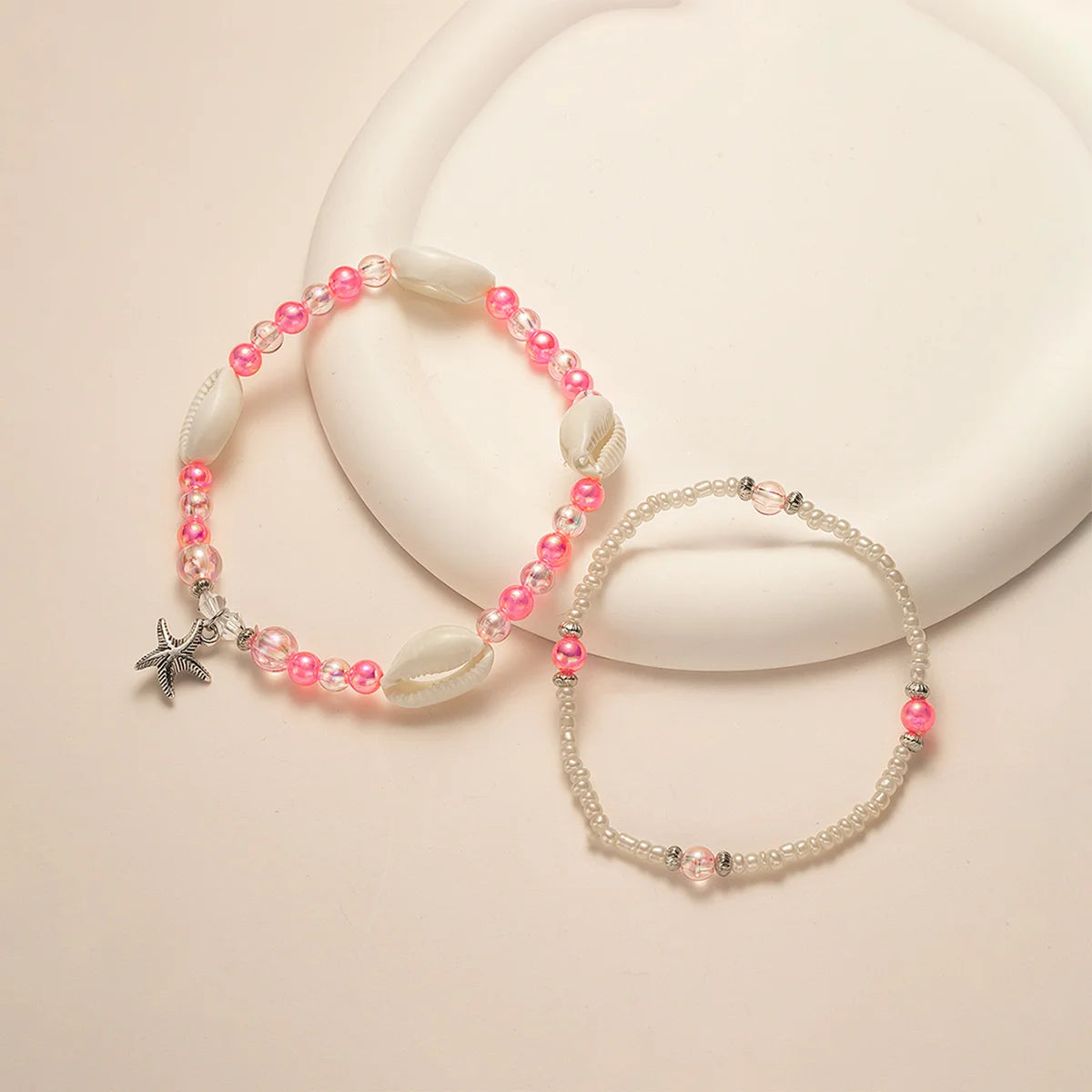 2-piece vacation ocean style alloy starfish pendant with colorful jelly beaded double layered women's anklet