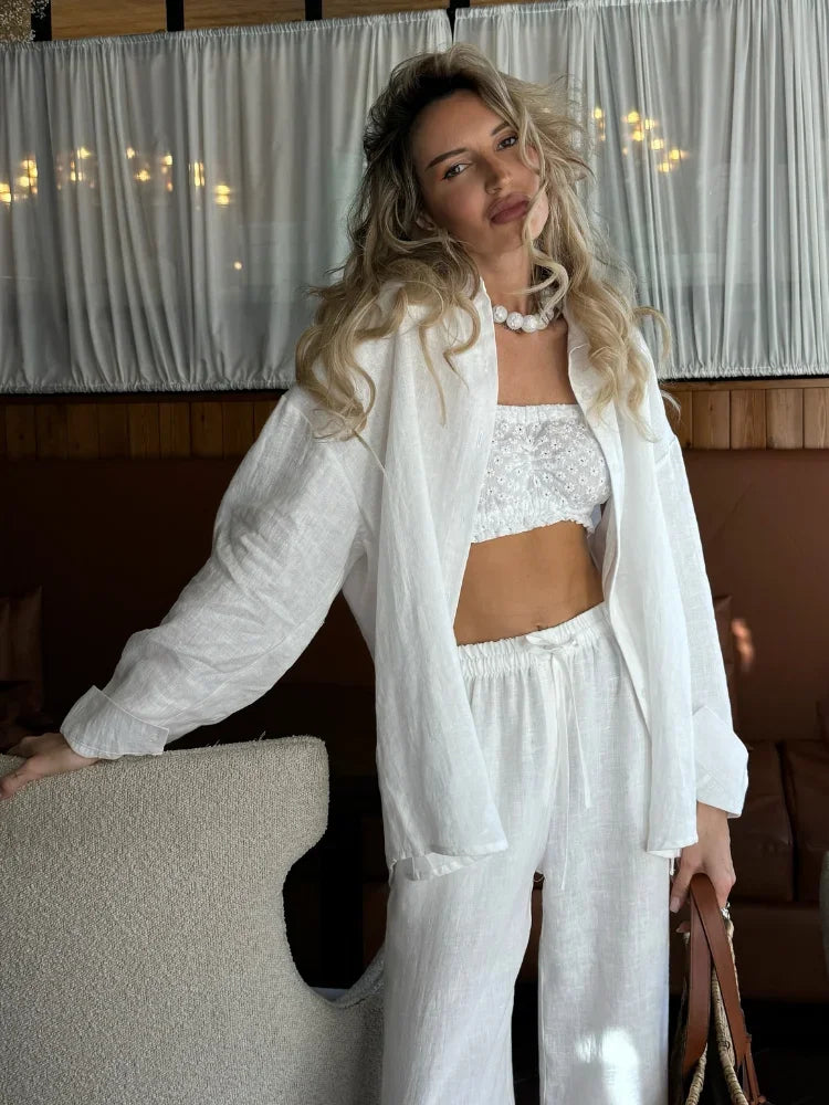 New Solid Casual Cotton Linen Shirt Sets Chic Button Down Blouse Drawstring Wide Leg Trousers Suit Women's Summer Vacation Wear