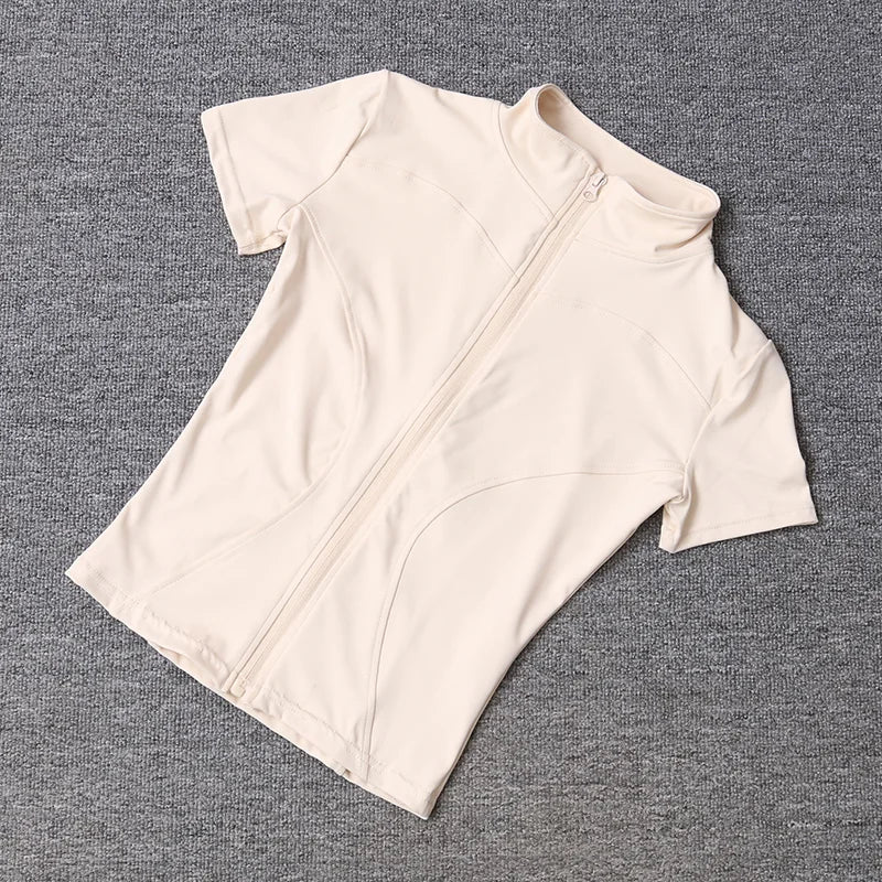 Summer High Quality Waist Slimming Training Tops Women's Quick-drying Tight Stand Collar Full Zipper Short Sleeves Yoga shirts