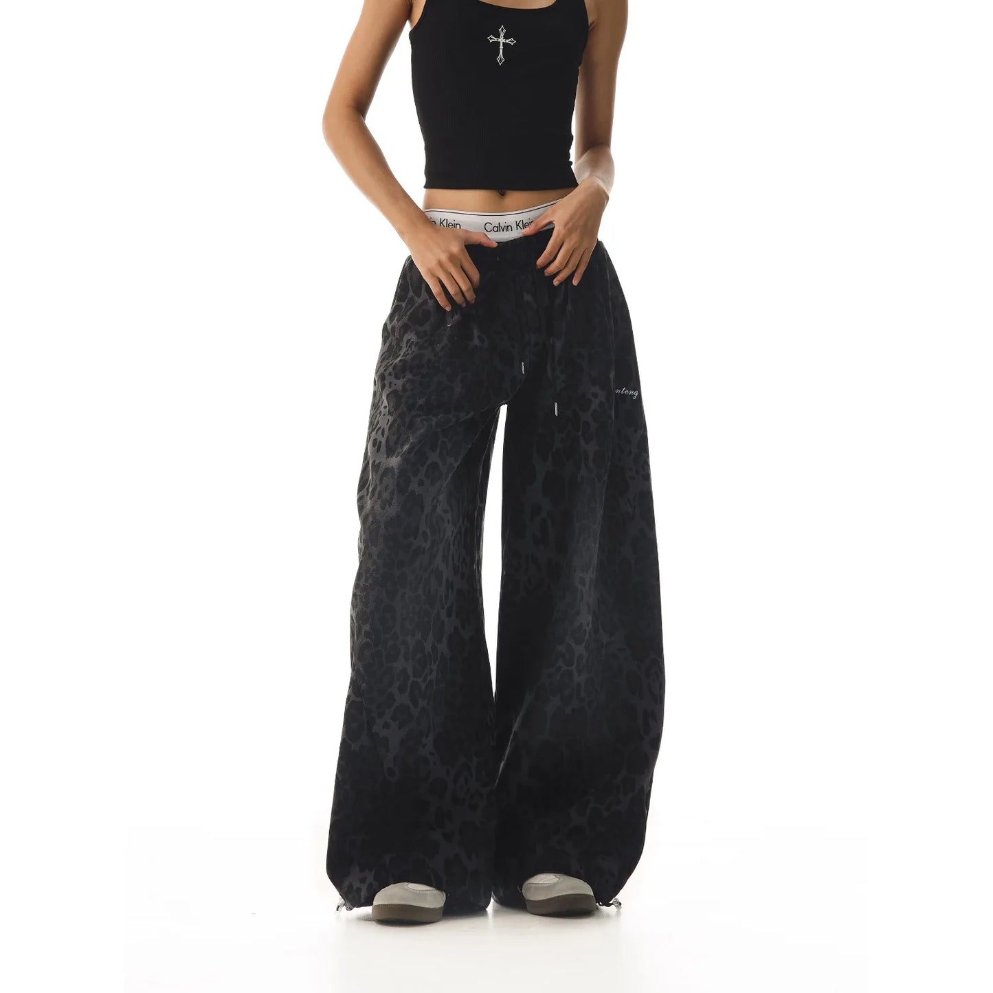 Y2K American Retro Pants Women Washed Leopard Print Spicy Girl Loose Slimming Wide Leg Versatile Casual Fashion
