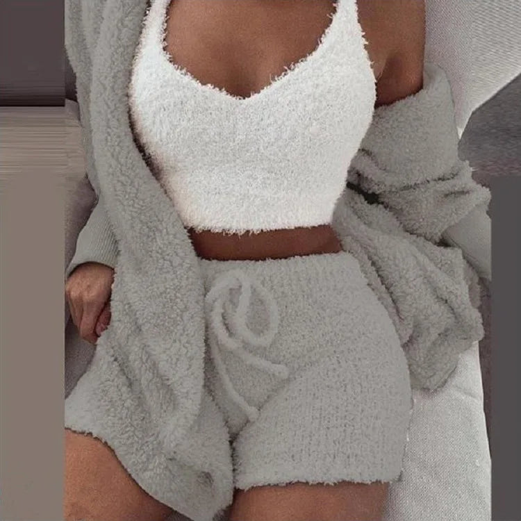 Plush Home Fluffy Pajamas Suit Women's Casual Pajamas Vest Shorts Plus Size Hoodie Casual Jumpsuit Winter Three-piece Pajamas