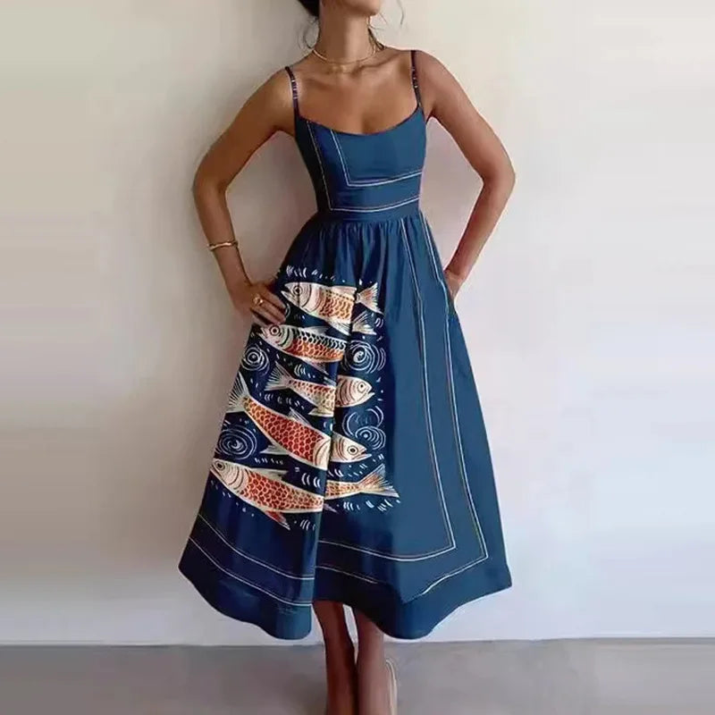 VEITCHE Fashion Women Print Suspenders Blue Ocean Fish Pattern Sexy Long dress New Spring Summer 2025 Temperament Maxi Dresses