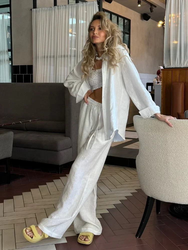 New Solid Casual Cotton Linen Shirt Sets Chic Button Down Blouse Drawstring Wide Leg Trousers Suit Women's Summer Vacation Wear