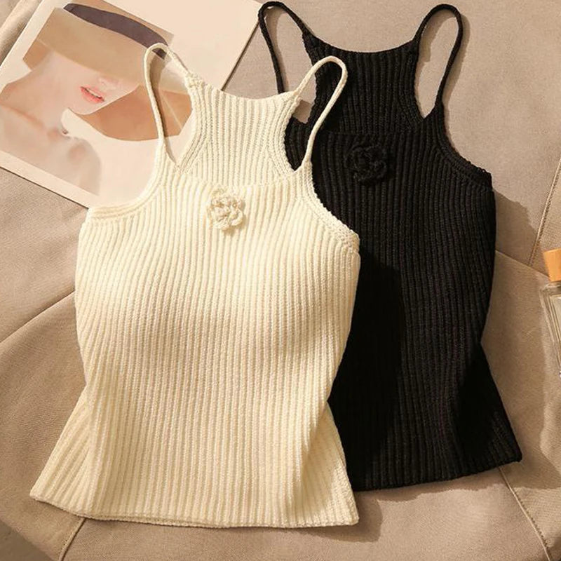 Summer Sexy Flower Knitted Camisole Women's Solid Color Sleeveless Slim Crop Top