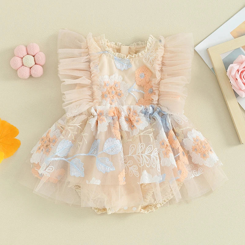 FOCUSNORM 0-24M Newborn Baby Girls Princess Romper Dress Fly Sleeve Flower Embroidery Mesh Tulle Patchwork Jumpsuits